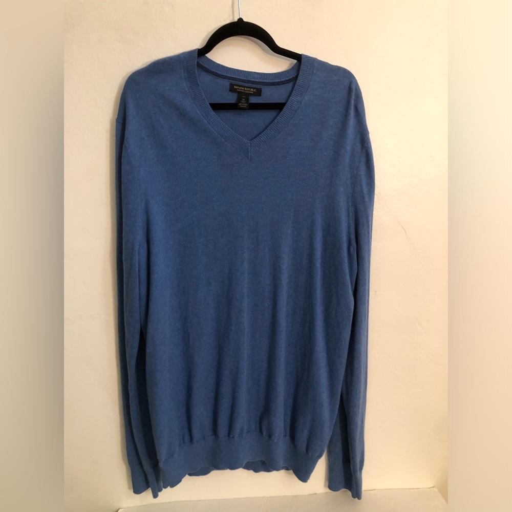 Banana Republic V-Neck Sweater Mens XL Tall Blue Cotton Cashmere Academia
